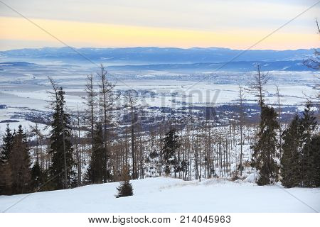 View of a blue plateau from a ski and hiking Hrebienok resort (altitude 1285 m.) located in the High Tatras mountains National park. Slovakia.