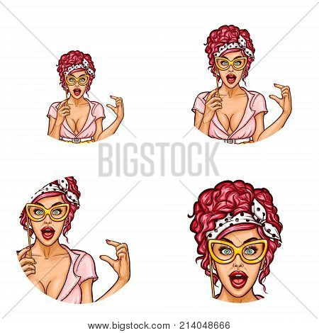 Set of vector pop art round avatar icons for users of social networking, blogs, profile icons. Surprised woman with an open mouth holding a vintage lorgnette in her hand