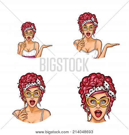 Set of vector pop art round avatar icons for users of social networking, blogs, profile icons. Surprised woman with an open mouth holding a vintage lorgnette in her hand