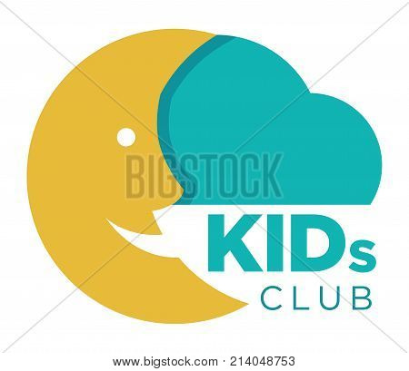 Kids zone logo template of child palm hands smiling face smiles and letters. Vector icon for kindergarten or children playground and education school classroom or family entertainment place