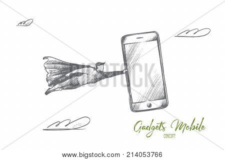 Gadgets mobile concept. Hand drawn superhero with smartphone in hand. Flying man holds giant mobile phone with touchs screen isolated vector illustration.