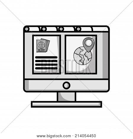 grayscale computer with webside to travel tickets and location symbol vector illustration