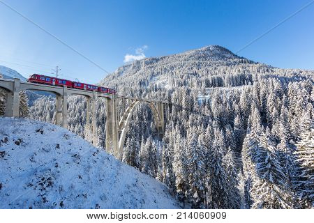 Langwies Switzerland - November 14 2017: Langwieser Viaduct in winter Langwies Switzerland.