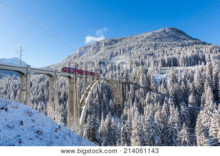 Langwies Switzerland - November 14 2017: Langwieser Viaduct in winter Langwies Switzerland.