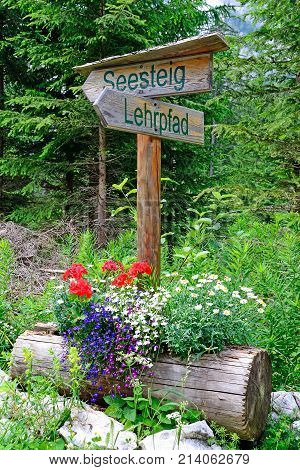 Tourist road signs in the woods Veitsch Austria