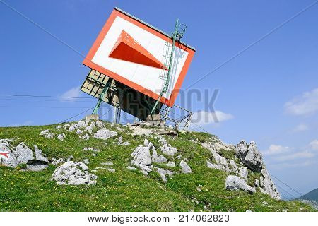 Tourist sign on the top of a mountain at Veitsch Austria