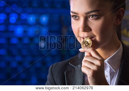 bitcoin woman hold mining cryptography virtual beautiful