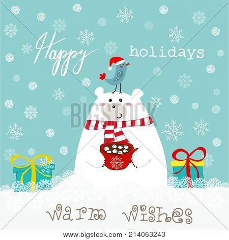 Hand drawn cute polar bear holding mug with hot chocolate marshmallows. Gift boxes kawaii bird in santa clause hat on his head happy holidays text lettering blue white snowy background. Greeting Card