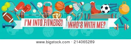 Set of sport balls and gaming items at a turquoise background. Healthy lifestyle tools, elements. Vector Illustration