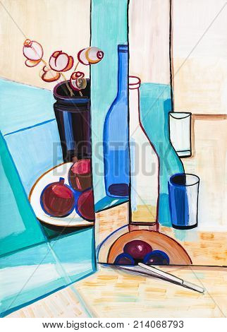 Still life with bouquet of dry flowers in vanguard style