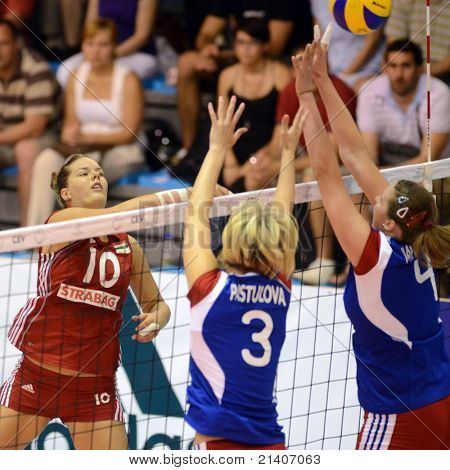 BUDAPEST, HUNGARY - JUNE 17: Dora Horvath (in red 10) in action at a CEV European League woman's volleyball game Hungary vs Czech Republic on June 17, 2011 in Budapest, Hungary.