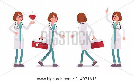Female doctor working. Woman in hospital uniform witn tool box successful at practice. Medicine and healthcare concept. Vector flat style cartoon illustration isolated on white background, front, rear