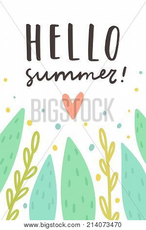 Hello summer. Cute plants and text. Vector hand drawn card