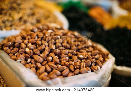 Tbilisi, Georgia. Close View Of Hazelnut Cobnut Filbert Nut In Bag On Showcase Of Local Food Market.