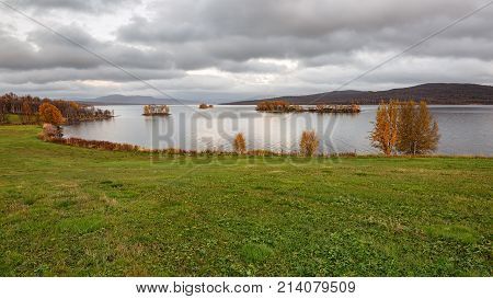 Narsjoen lake with several small islands in autumn, Hedmark county, Norway.