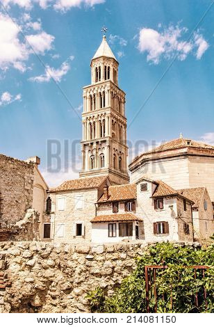 Cathedral of Saint Domnius in Split Croatia. Religious architecture. Travel destination. Yellow photo filter.