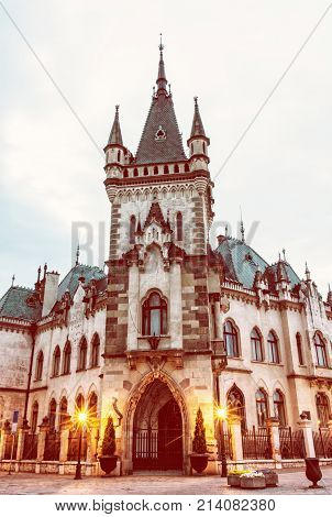 Beautiful Jakab's palace in Kosice city Slovak republic. Evening photo. Architectural scene. Old photo filter.