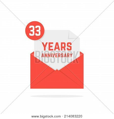 33 years anniversary icon in red open letter. concept of send sms, e-mail, decorative feast, success emblem, advertisement typography. flat style trend logotype graphic design on white background