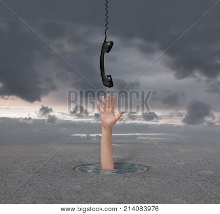 hand gives the phone a man who is drowning