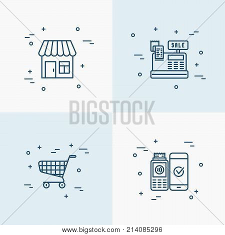 Shopping set with thin line icons: cash machine, payment, pos terminal, trolley, sale, credit card. Vector illustration.