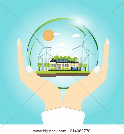 Ecologically clean house. House, solar panels, windmill on the ground. Vector illustration of an ecology concept infographics of modern design in a glass bowl on the hands