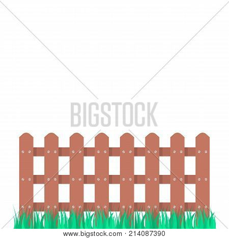 wooden fence garden with green grass. concept of architecture, rural construction shape, defense post, hillbilly sign, house protect. flat style trend modern graphic art design on white background