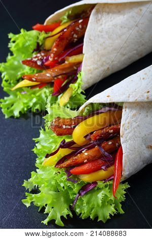 Fresh Juicy Flatbread Sandwich Wraps, Close-up