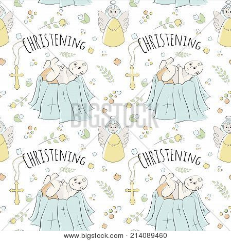 Vectron Seamless Pattern Of Elements Drawn Manually In The Style Of Doodle. Christening, Infant, Rel