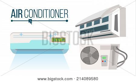 Air Conditioner Set Vector. Different Types Office, Home Conditioner System. Indoors, Outdoors Cartoon Flat Isolated