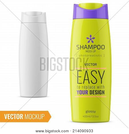 Glossy plastic bottle for shampoo, shower gel, lotion, body milk, bath foam. Photo-realistic packaging mockup template with sample design. Front view. Vector 3d illustration.