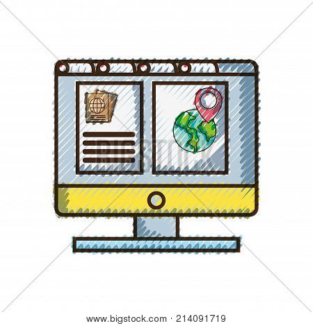 doodle computer with webside to travel tickets and location symbol vector illustration