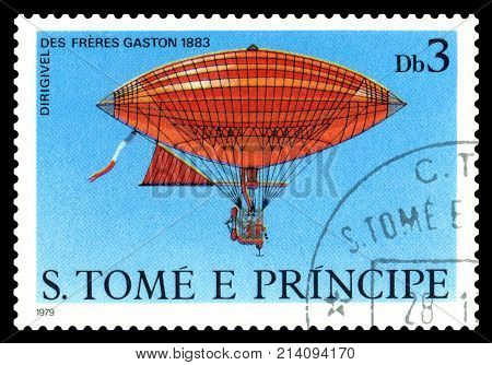 STAVROPOL RUSSIA - November 11.2017: A stamp printed in Sao Tome and Principe shows an Dirigible Freres Gaston 1883 cirka 1979