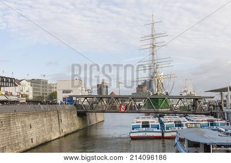 View Of The St. Pauli Piers, One Of Hamburg's Major Tourist Attractions. Hamburg, Germany.