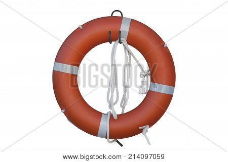 Isolated Lifebuoy Or Life Preserver With Rope On White Background