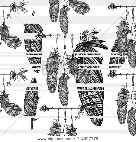 Boho stile. Seamless monochrome pattern with hand drawn dreamcatcher with athnic arrow and beautiful feathers.