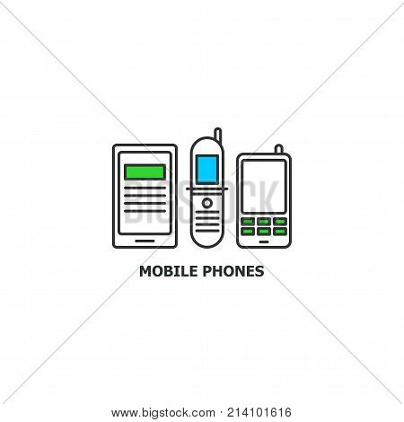 Old mobile phones recycle concept icon in line design, vector flat illustration isolated on white background.