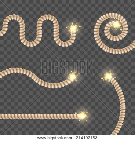 Set Burning Fuse On A Transparent Background. Stock Vector Illustration.