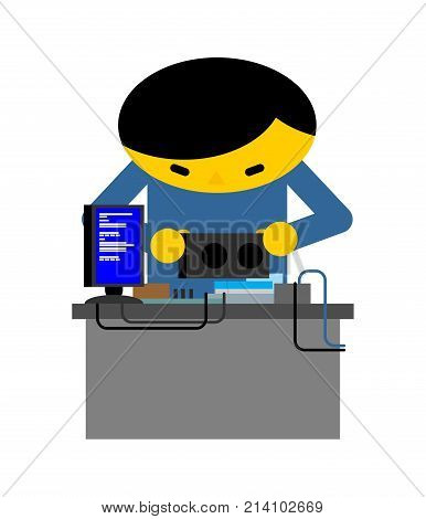 Computer Repair. Guy Is Repairing Pc. Mending And Assembly Of Electronic Brain. Vector Illustration