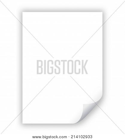Page curl with shadow on blank sheet of paper. White paper sticker. Design Element for advertising and promotional message isolated on white background. Vector illustration EPS 10 for your business