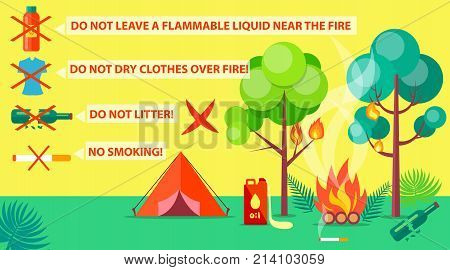 Poster of campground rules with inscriptions. Vector illustration of red tent, burning trees and bushes due to failure to comply with rules
