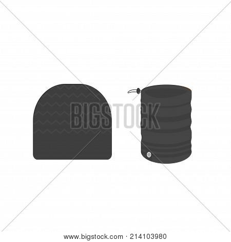 Winter sport icons collection with skarf and hat. Skiing and snowboarding set accessories isolated on white background in flat style design. Elements for ski resort picture mountain activities vector illustration.