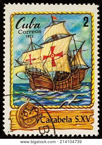 Moscow Russia - November 14 2017: A stamp printed in Cuba shows ancient sailing ship - caravel (developed in the 15th century) series 