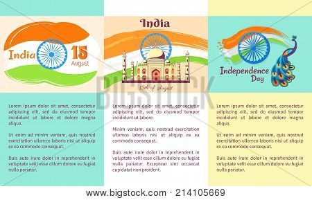 Independence Day of India set of posters. Vector illustration of national flag tricolor with 24-spoke wheel, Taj Mahal and peacock