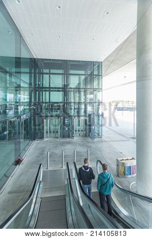 ZAGREB AIRPORT - 24 APRIL 2017: Passengers on escalators at Franjo Tudjman airport