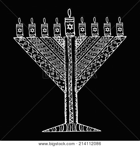 White Hanukkah in the style of doodle. Triangular Chanukah Chabad. Jewish holiday of Hanukkah. Hand draw. Sketch. Vector illustration on black background.