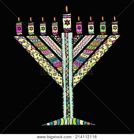 Colorful Hanukkah in the style of doodle. Triangular Chanukah Chabad. Jewish holiday of Hanukkah. Hand draw. Sketch. Vector illustration on black background