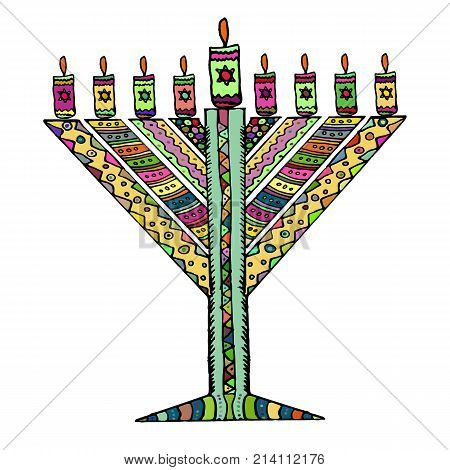 Colorful Hanukkah in the style of doodle. Triangular Chanukiah Chabad. Jewish holiday of Hanukkah. Hand draw. Sketch. Vector illustration on isolated background