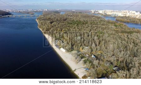 aerial view of Dniepr river in Kiev at last autumn