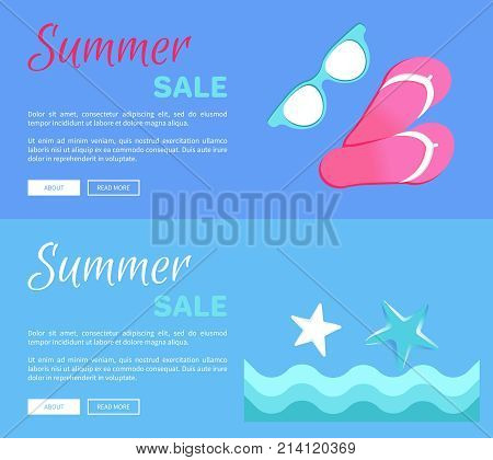 Summer sale web posters with slide sandals or flip-flops and sunglasses and seaside with stars vector illustration banner on blue background