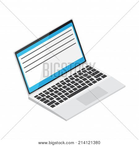 Open laptop with textfile on display isolated on white background. Modern device for fast and comfortable work and education. Vector illustration of modern technologies that help do business.